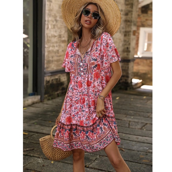 Floral Print Pink Red Flowy Loose Fitting Short Sleeve Mini Dress Neck Ties - Picture 2 of 16